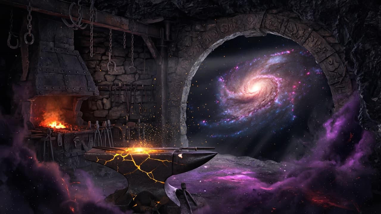 A blacksmith workshop opening onto a spiral galaxy